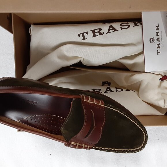 TRASK HUNTER MEN GREEN SUEDE DARK BROWN STEER LEATHER SLIP ON SHOES 11M - Picture 6 of 16